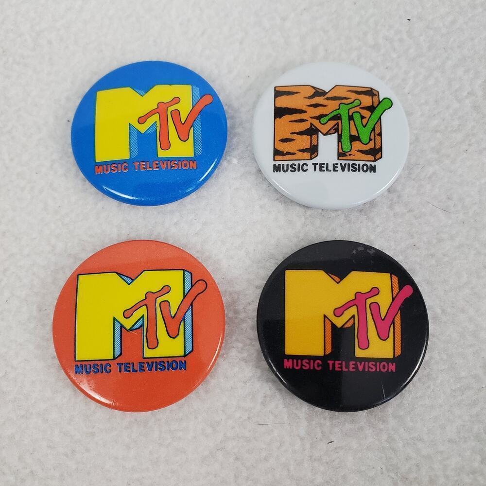 Vintage MTV Music Television Button Pins 1980s Slater Corp NYC Lot of 4 - Picture 1 of 6